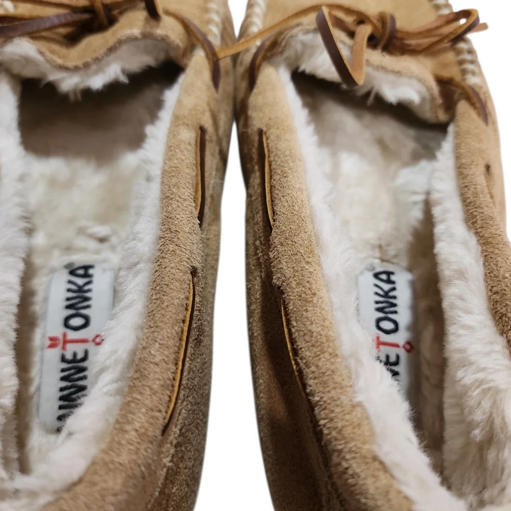 Minnetonka Leather Faux Fur Lined Moccasin Slippers 8 Western Minimalist Cabin - Picture 5 of 8